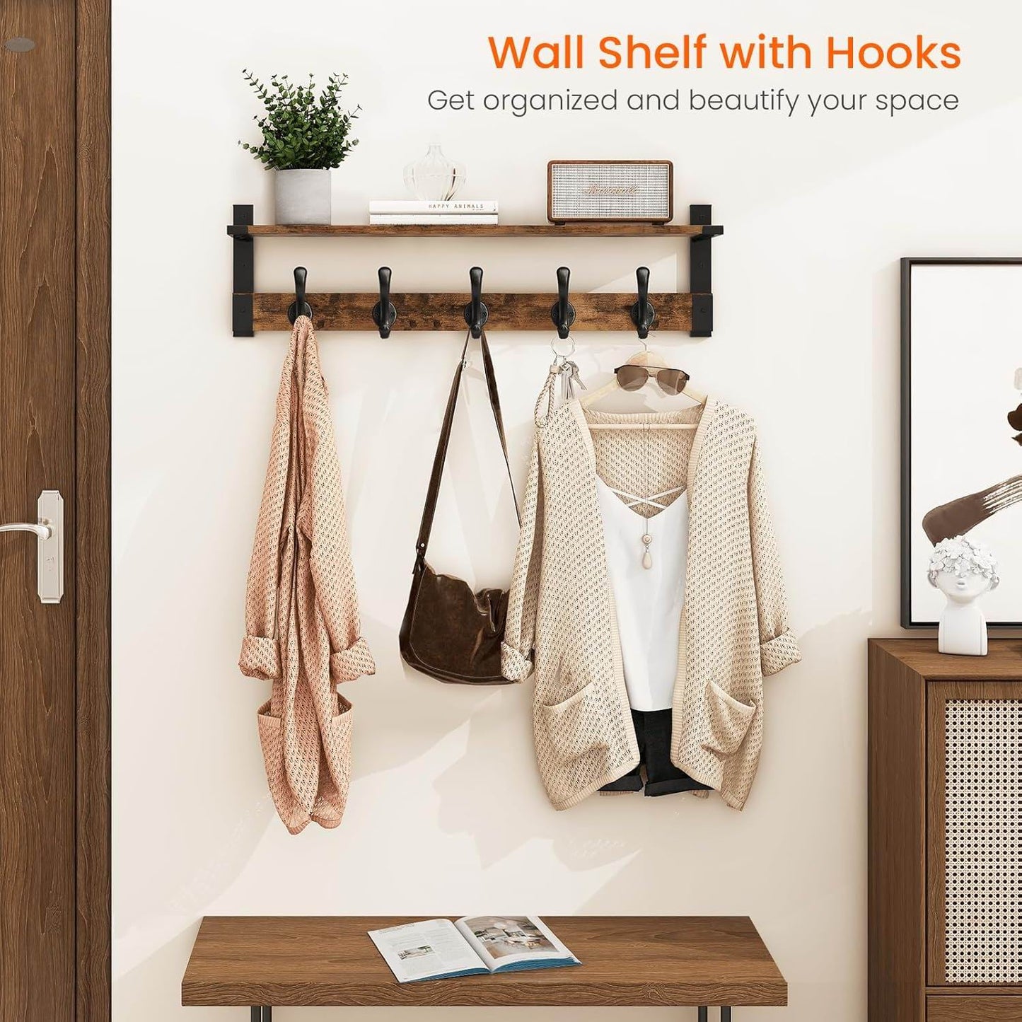 Boudoir Wall Shelf with 5 Coat Hooks (Brown)
