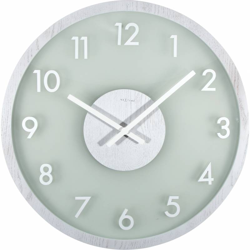 NeXtime 50cm Frosted Wood Glass & Wood Round Wall Clock - White