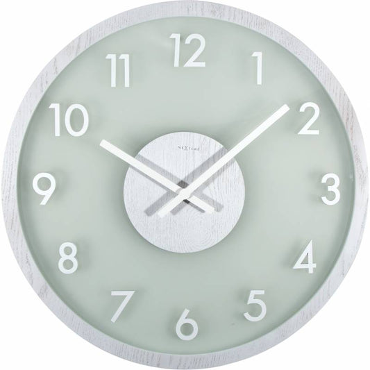 NeXtime 50cm Frosted Wood Glass & Wood Round Wall Clock - White