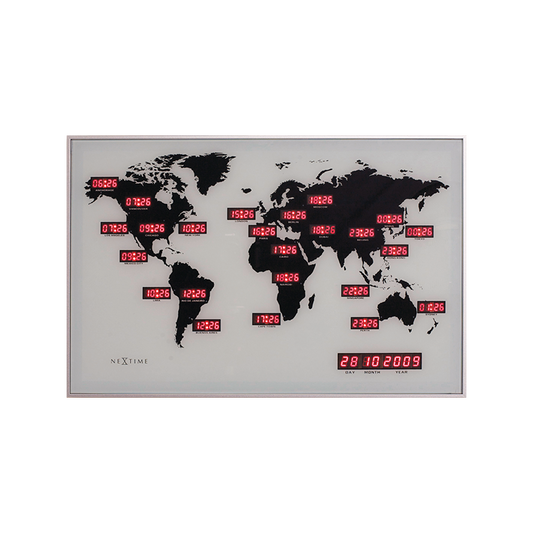 NeXtime 55cm World Time Digit Glass & Aluminum Rectangular Wall Clock