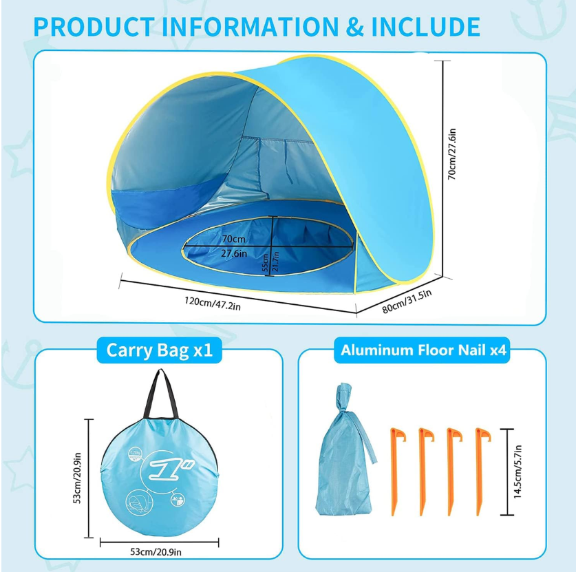 Baby Beach Tent with Pool - Pop Up Shade UV Protection Sun Shelter UPF 50+