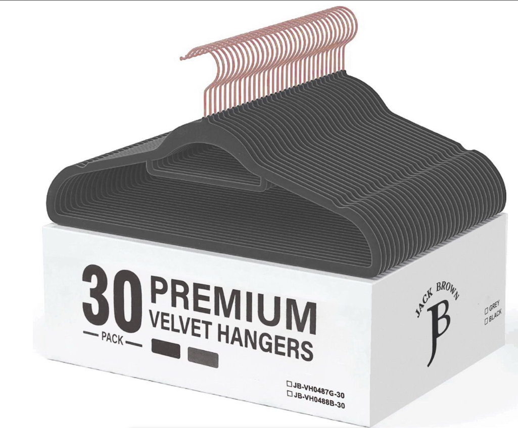 Jack Brown 30-Pack Premium Velvet Hangers - Non Slip & Space Saving Grey