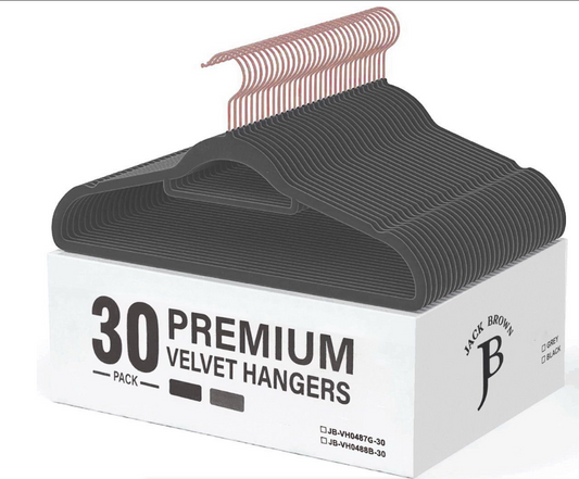 Jack Brown 30-Pack Premium Velvet Hangers - Non Slip & Space Saving Grey