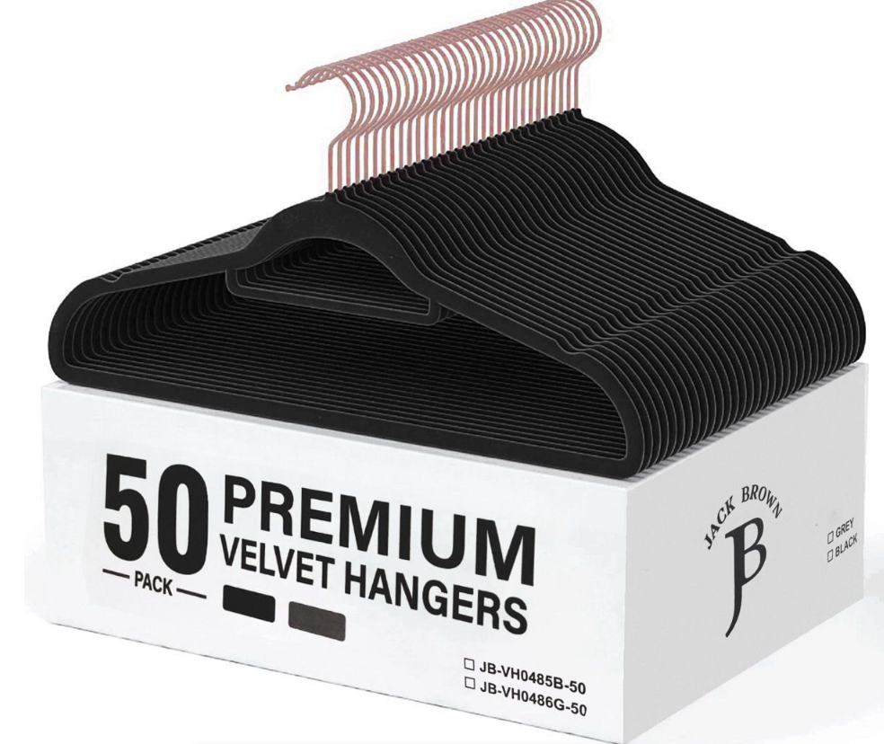 Jack Brown 50-Pack Premium Velvet Hangers - Non Slip & Space Saving - Black