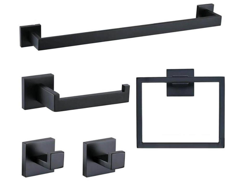 Jack Brown Premium Stainless Steel Bathroom Accessory Set Square - 5-Piece - Black