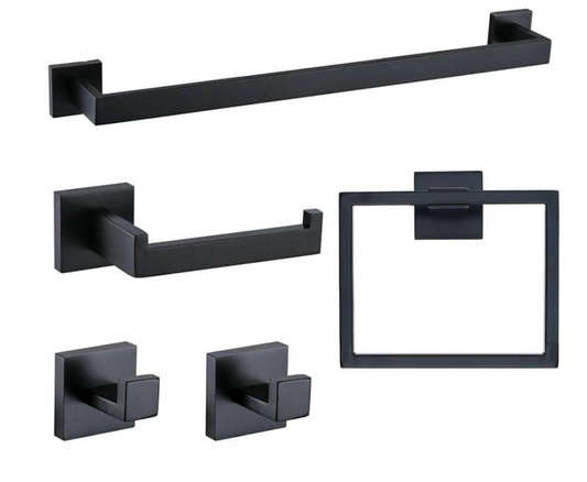 Jack Brown Premium Stainless Steel Bathroom Accessory Set Square - 5-Piece - Black