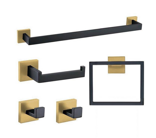 Jack Brown Premium Stainless Steel Bathroom Accessory Set Square - 5-Piece - Black & Gold