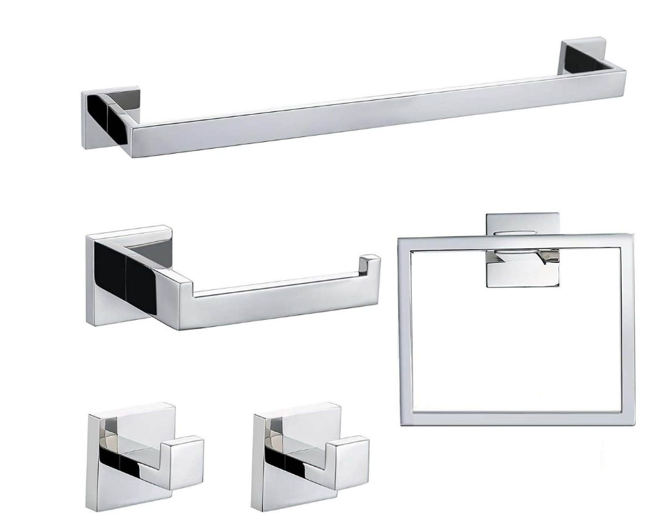 Jack Brown Premium Stainless Steel Bathroom Accessory Set Square - 5-Piece -Silver