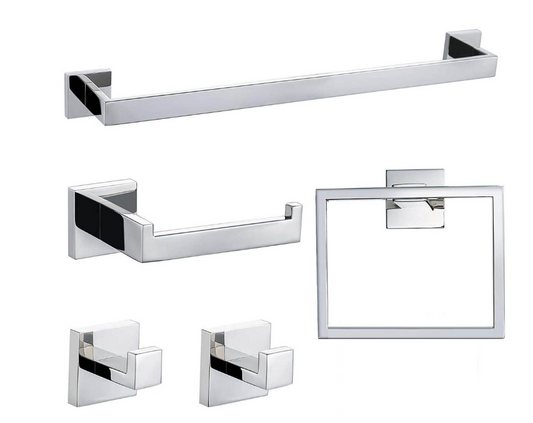Jack Brown Premium Stainless Steel Bathroom Accessory Set Square - 5-Piece -Silver