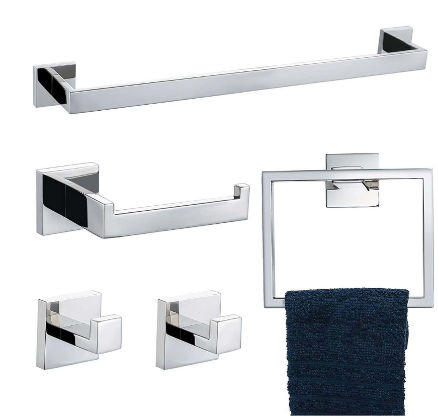 Jack Brown Premium Stainless Steel Bathroom Accessory Set Square - 5-Piece -Silver