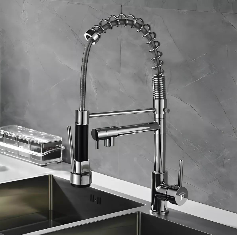 Jack Brown Industrial Style Pull Down Kitchen Mixer Tap - Dual Water System - Chrome Silver
