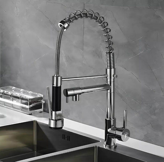 Jack Brown Industrial Style Pull Down Kitchen Mixer Tap - Dual Water System - Chrome Silver