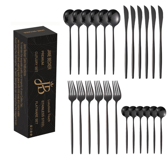 Jane Becker 24-Piece Stainless Steel Cutlery Set - Premium Quality - Black