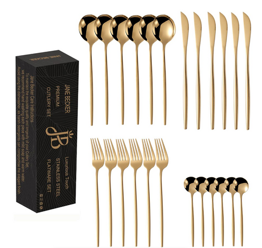 Jane Becker 24-Piece Stainless Steel Cutlery Set - Premium Quality - Gold
