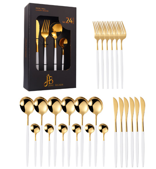 Jane Becker 24-Piece Stainless Steel Cutlery Set - Premium Quality - Gold & White