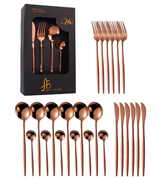 Jane Becker 24-Piece Stainless Steel Cutlery Set - Premium Quality - Rose Gold