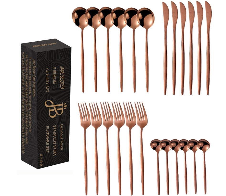 Jane Becker 24-Piece Stainless Steel Cutlery Set - Premium Quality - Rose Gold