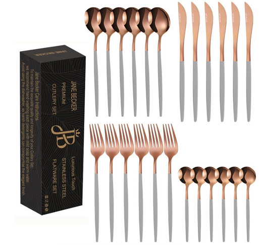 Jane Becker 24-Piece Stainless Steel Cutlery Set - Premium Quality - Grey & Gold