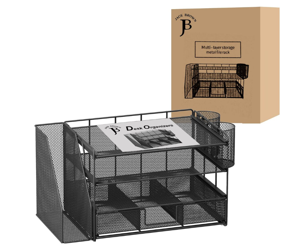 Jack Brown Desk Organizer with 2 Pen Holders and 4 Tier Paper - Black