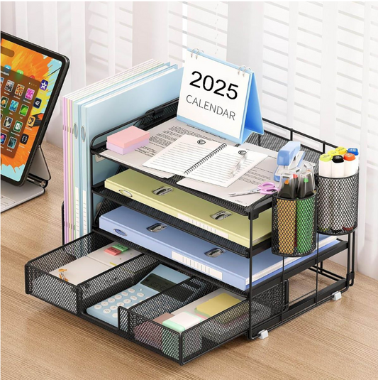 Jack Brown Desk Organizer with 2 Pen Holders and 4 Tier Paper - Black