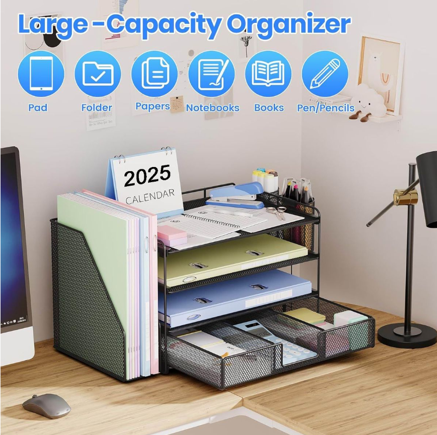 Jack Brown Desk Organizer with 2 Pen Holders and 4 Tier Paper - Black