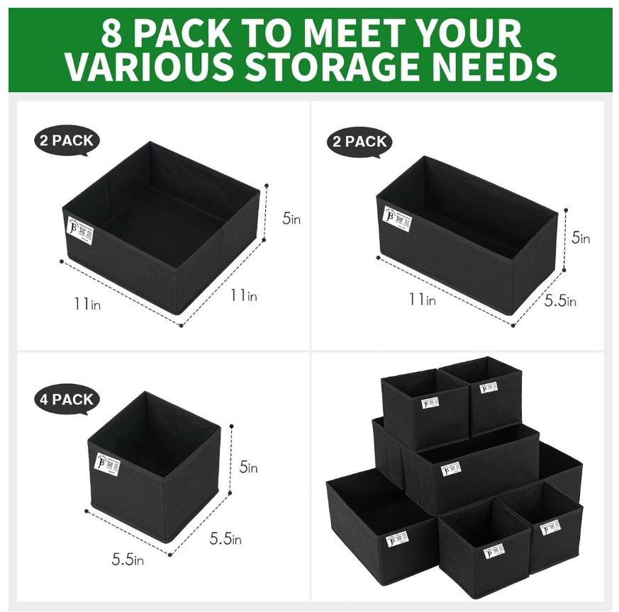 Jack Brown Foldable Storage Boxes for Clothes Underwear - Set of 8 - Black