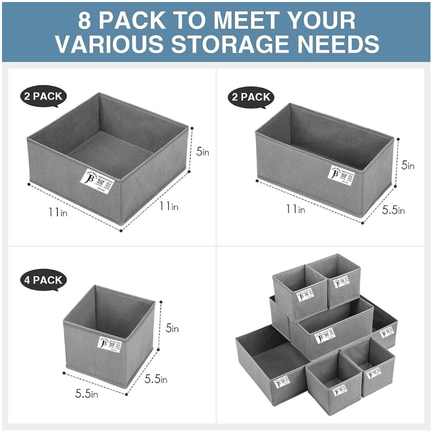 Jack Brown Foldable Storage Boxes for Clothes Underwear - Set of 8 - Dark Grey