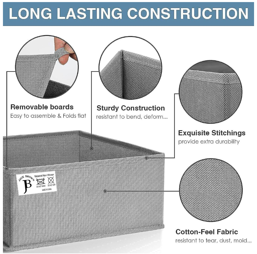 Jack Brown Foldable Storage Boxes for Clothes Underwear - Set of 8 - Dark Grey