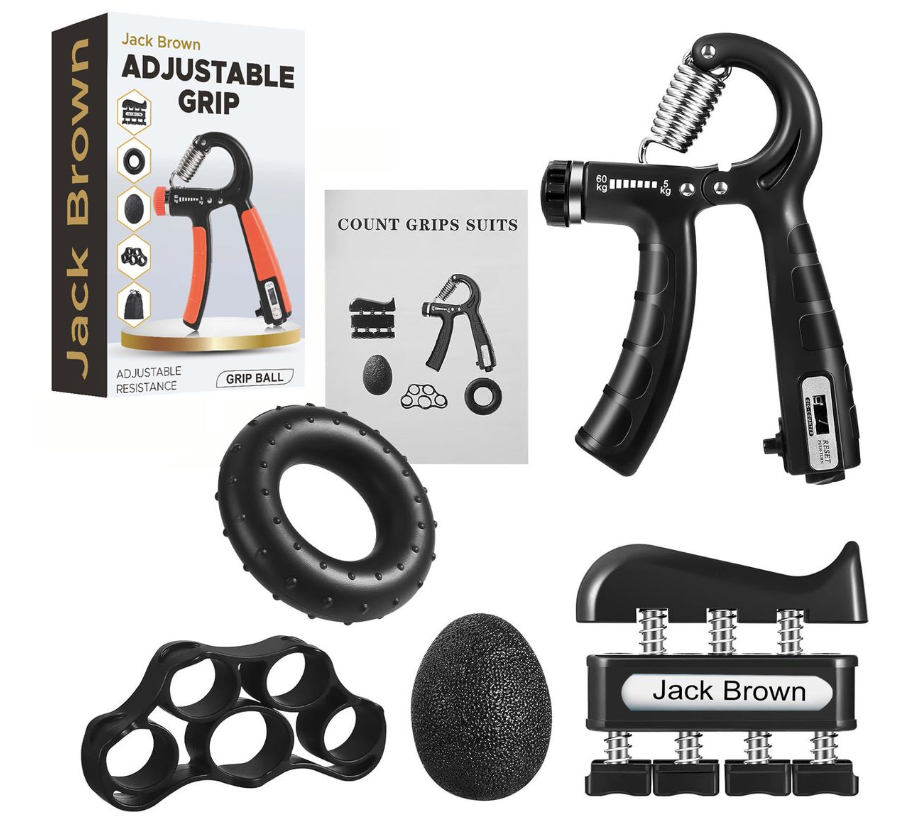 Jack Brown Hand Grip Strengthener with Automatic Count and Bag - 6 Piece Kit - Black