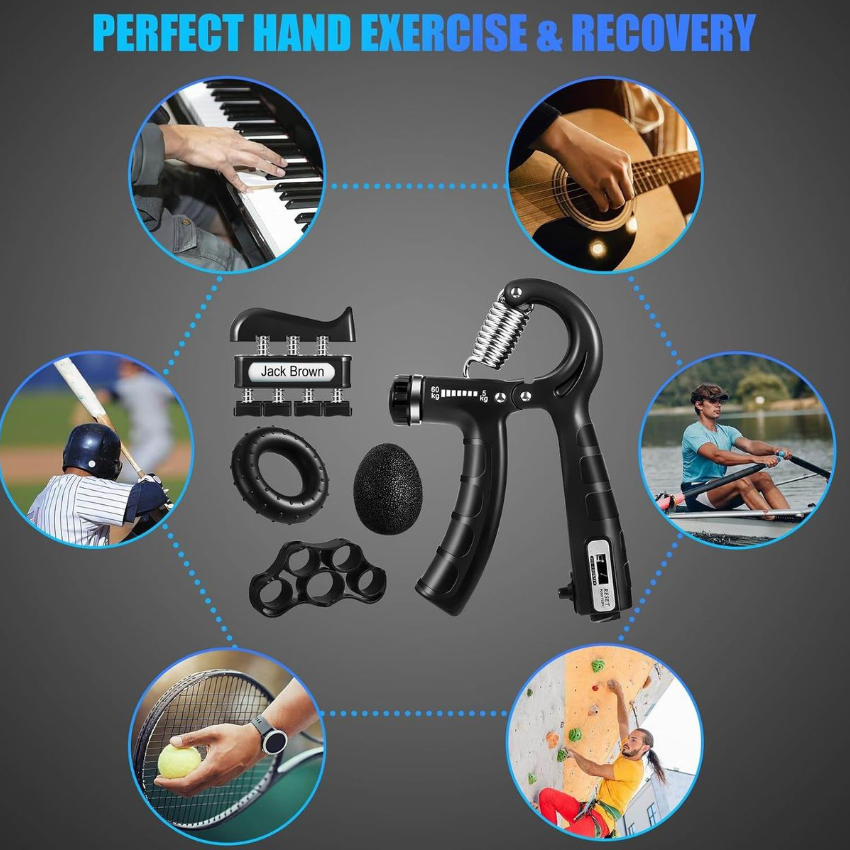 Jack Brown Hand Grip Strengthener with Automatic Count and Bag - 6 Piece Kit - Black
