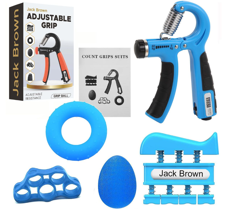 Jack Brown Hand Grip Strengthener with Automatic Count and Bag - 6 Piece Kit - Blue