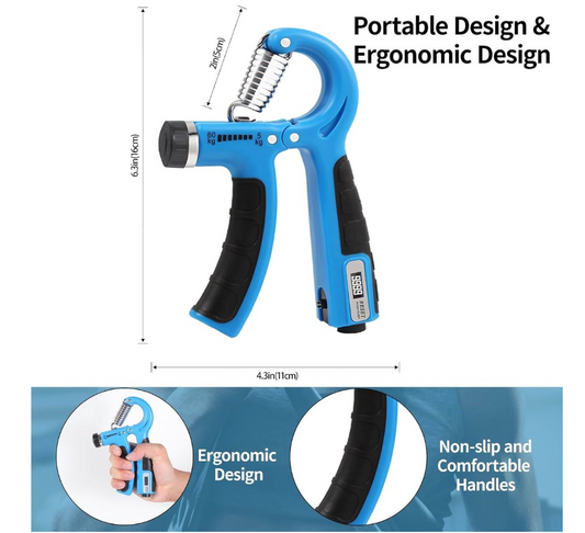 Jack Brown Hand Grip Strengthener with Automatic Count and Bag - 6 Piece Kit - Blue