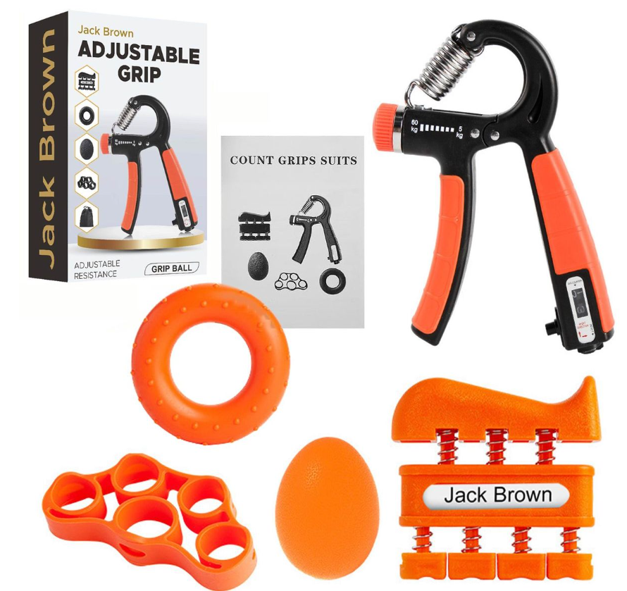 Jack Brown Hand Grip Strengthener with Automatic Count and Bag - 6 Piece Kit - Orange
