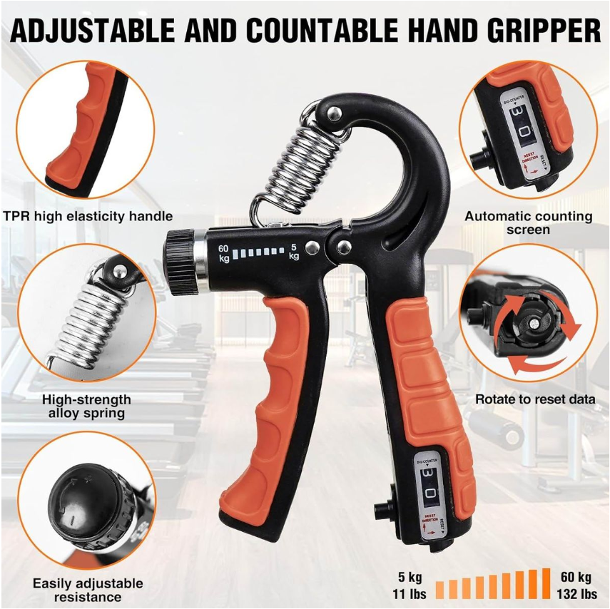Jack Brown Hand Grip Strengthener with Automatic Count and Bag - 6 Piece Kit - Orange