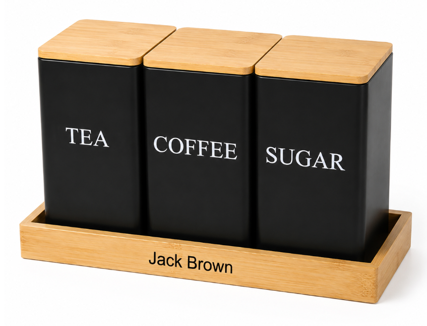Jack Brown 3-Pc Coffee Tea Sugar Canister & Tray Countertop Tea Organizer - Black