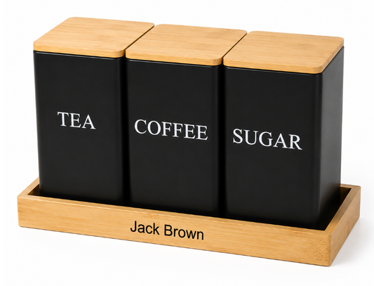 Jack Brown 3-Pc Coffee Tea Sugar Canister & Tray Countertop Tea Organizer - Black