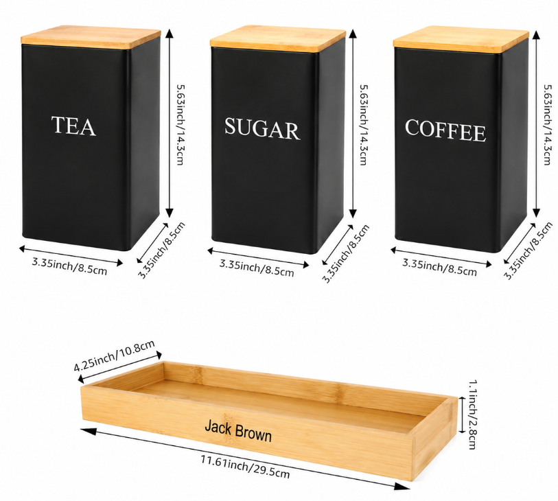 Jack Brown 3-Pc Coffee Tea Sugar Canister & Tray Countertop Tea Organizer - Black