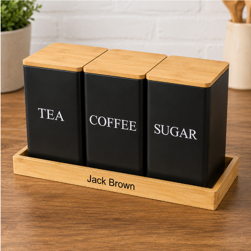 Jack Brown 3-Pc Coffee Tea Sugar Canister & Tray Countertop Tea Organizer - Black