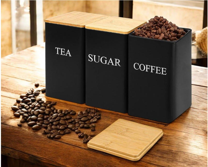 Jack Brown 3-Pc Coffee Tea Sugar Canister & Tray Countertop Tea Organizer - Black