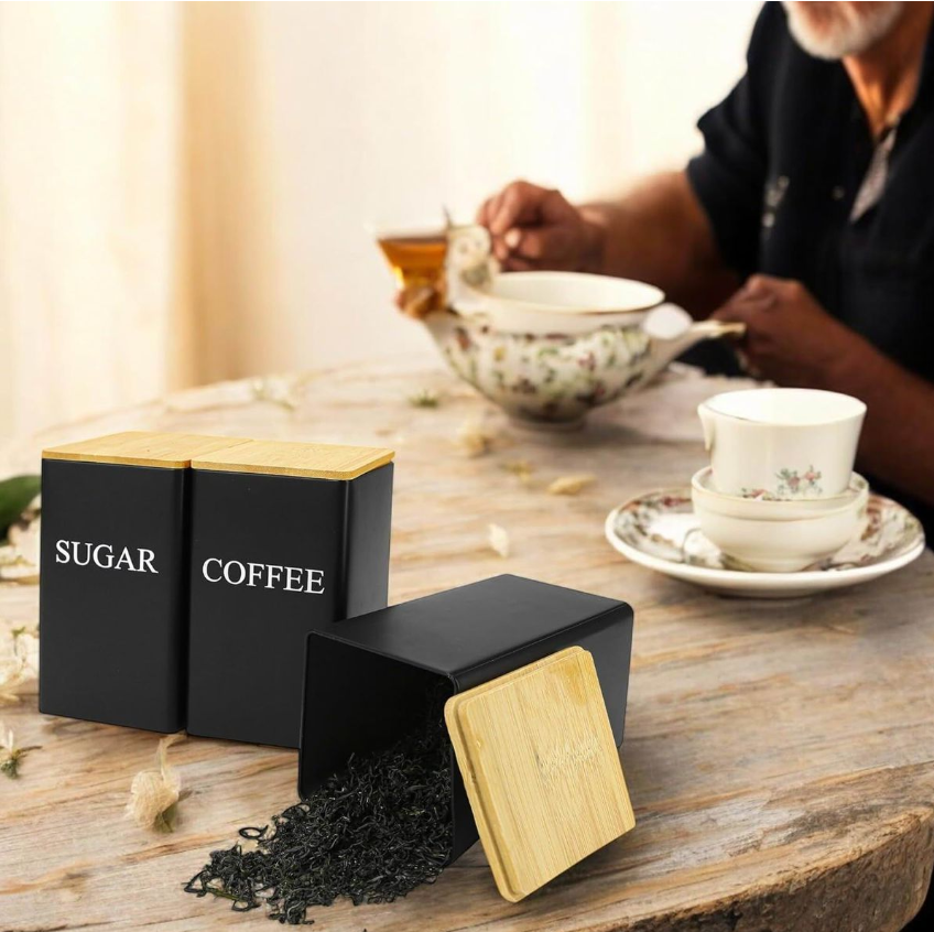 Jack Brown 3-Pc Coffee Tea Sugar Canister & Tray Countertop Tea Organizer - Black