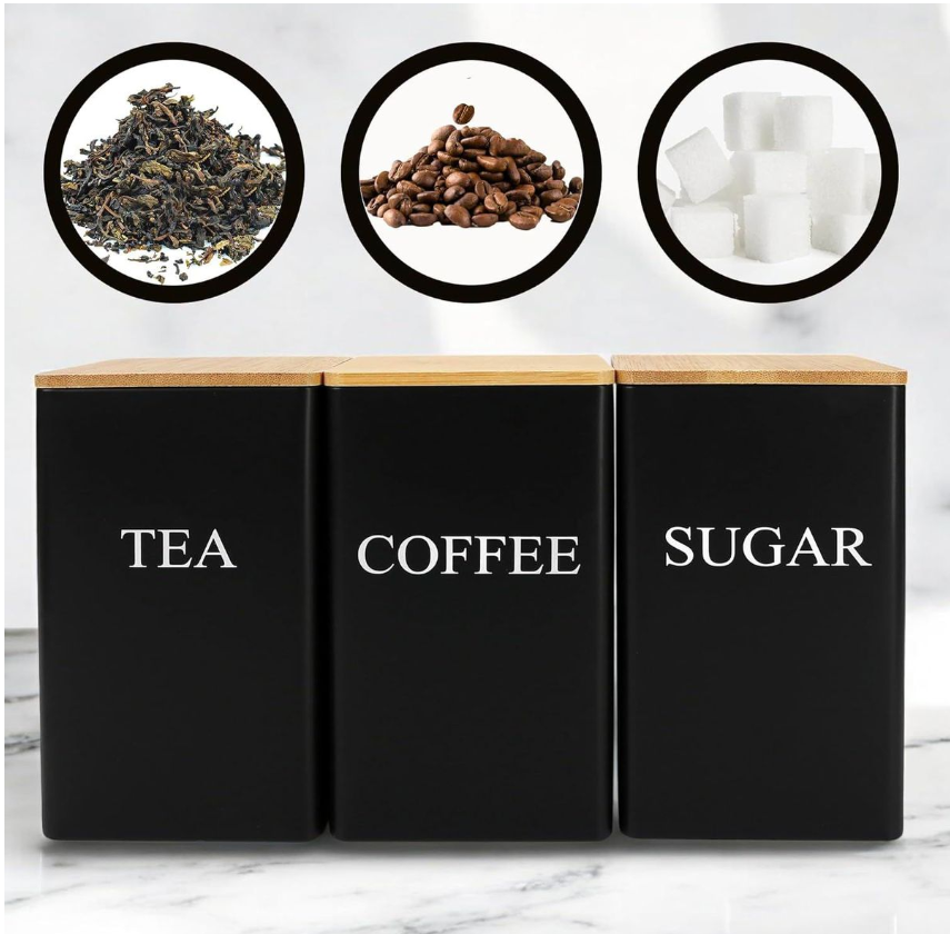 Jack Brown 3-Pc Coffee Tea Sugar Canister & Tray Countertop Tea Organizer - Black