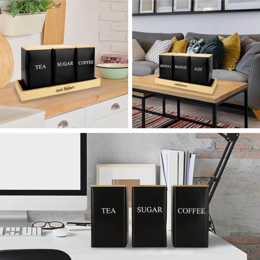 Jack Brown 3-Pc Coffee Tea Sugar Canister & Tray Countertop Tea Organizer - Black