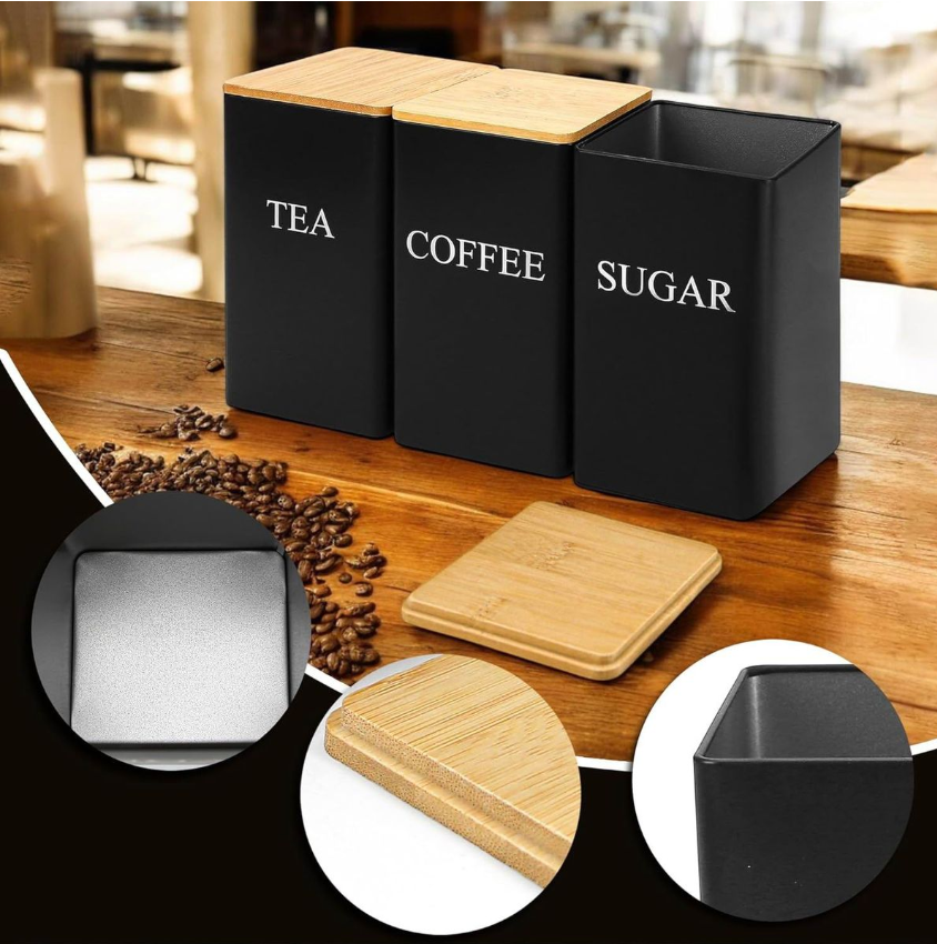 Jack Brown 3-Pc Coffee Tea Sugar Canister & Tray Countertop Tea Organizer - Black