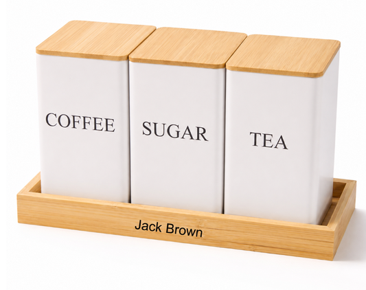 Jack Brown 3-Pc Coffee Tea Sugar Canister & Tray Countertop Tea Organizer - White