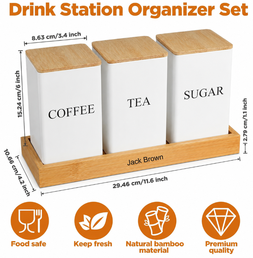 Jack Brown 3-Pc Coffee Tea Sugar Canister & Tray Countertop Tea Organizer - White