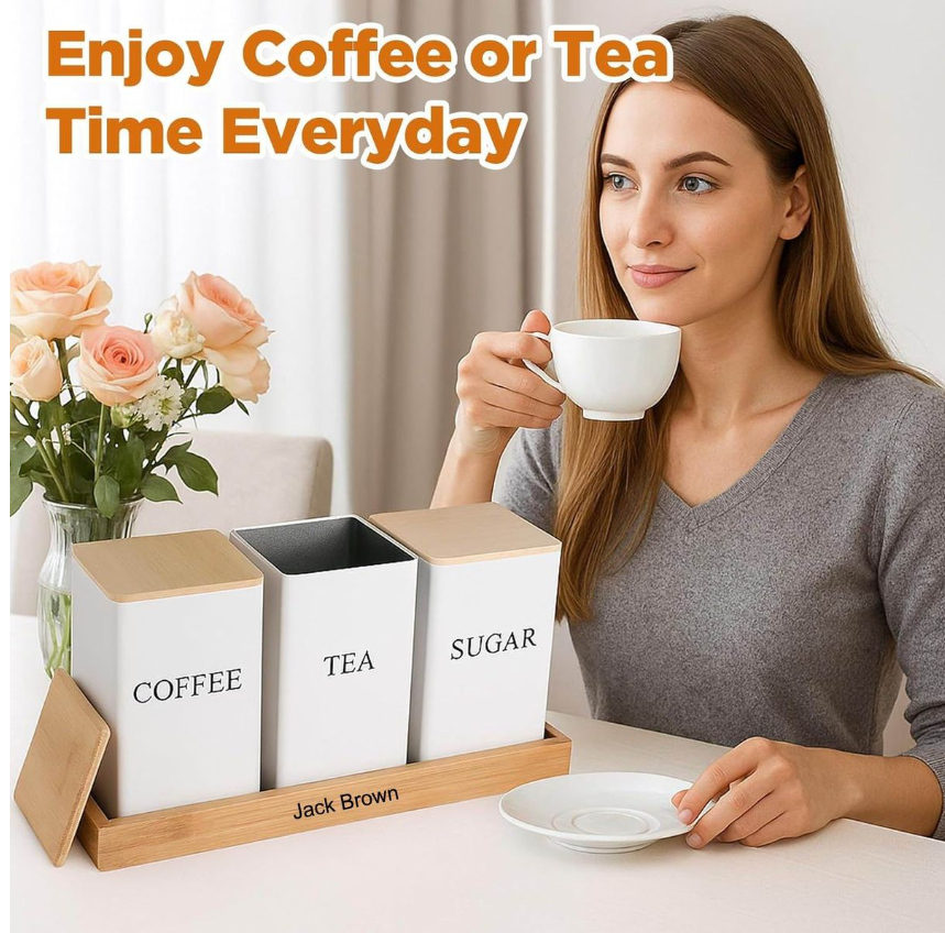 Jack Brown 3-Pc Coffee Tea Sugar Canister & Tray Countertop Tea Organizer - White