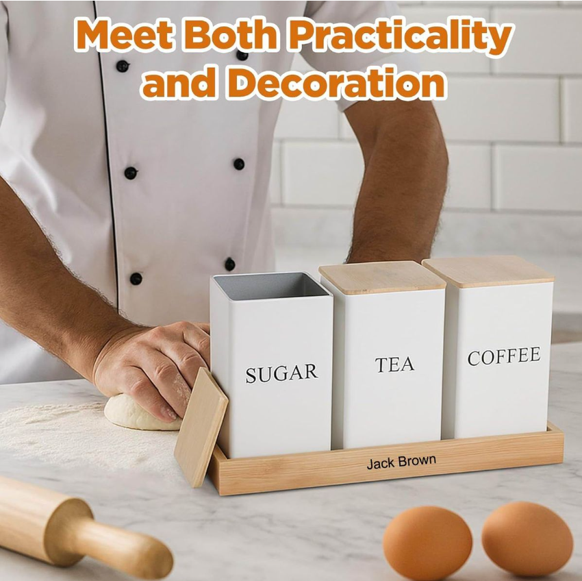 Jack Brown 3-Pc Coffee Tea Sugar Canister & Tray Countertop Tea Organizer - White