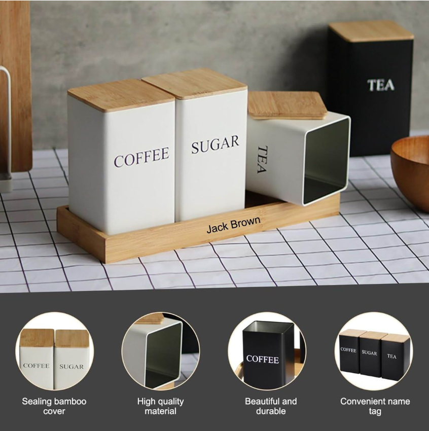 Jack Brown 3-Pc Coffee Tea Sugar Canister & Tray Countertop Tea Organizer - White