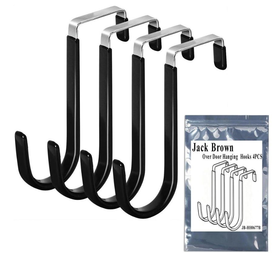 Jack Brown Strong Kitchen Bathroom Over Door Hanging Utility Hooks 4-Pieces - Black