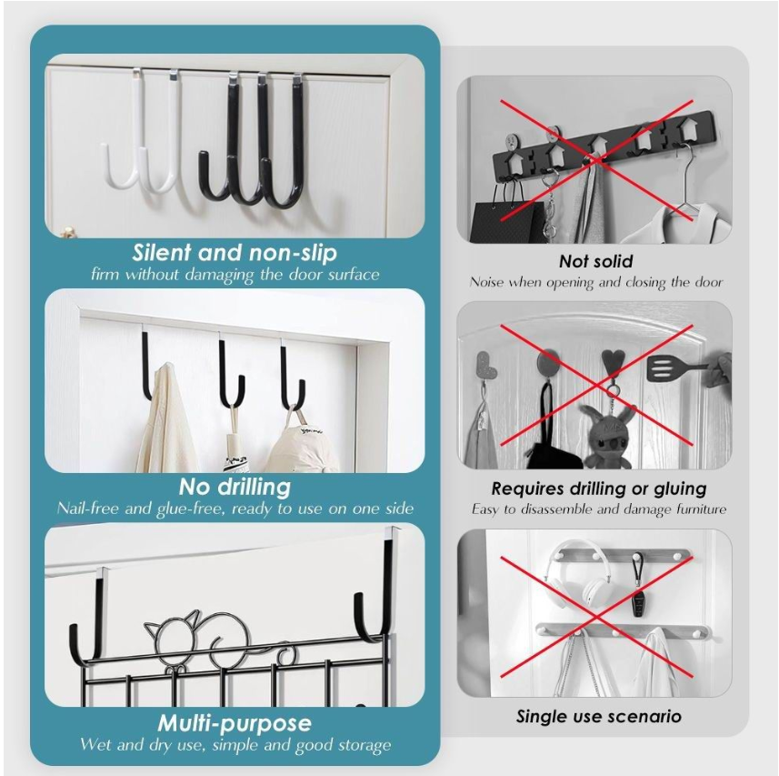 Jack Brown Strong Kitchen Bathroom Over Door Hanging Utility Hooks 4-Pieces - Black
